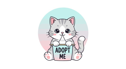 A cute cartoon grey tabby kitten with big eyes holding an 'ADOPT ME' sign, sitting in front of a pastel pink and blue circle.