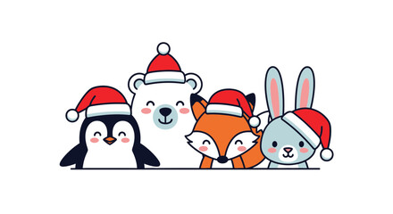 Festive Christmas cheer with adorable penguin, bear, fox, and bunny wearing Santa hats, spreading joy and holiday spirit in vibrant vector art design