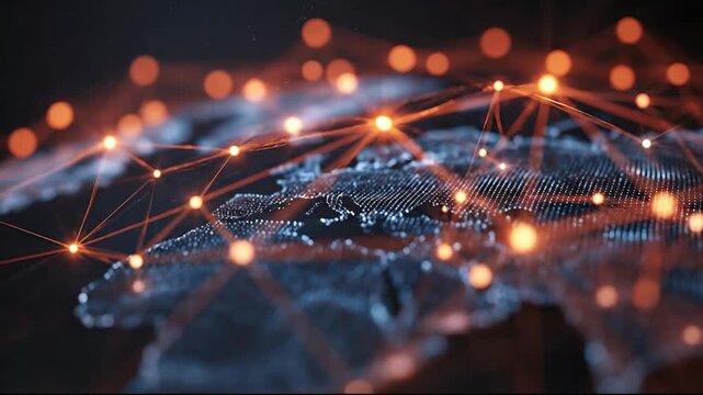 A glowing orange network of interconnected nodes overlaid on a digital dotted map of the world with a shallow depth of field