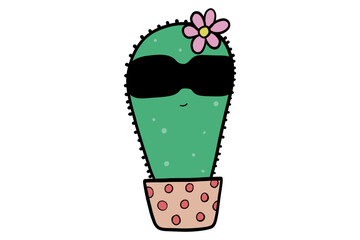 Cute Cartoon Cactus Character with Sunglasses and Flower in a Polka Dot Pot &ndash; Hand-Drawn Kawaii Plant Illustration Isolated on White Background