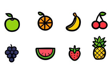 Colorful cute fruit icons set — hand-drawn simple doodle style apple, orange, banana, cherry, grapes, watermelon, strawberry and pineapple isolated on white background