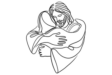 One line art of Jesus embracing a person &mdash; minimalist continuous line drawing of Christian love, comfort, faith, hope, and spiritual protection
