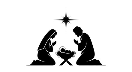 Elegant silhouette of the Holy Family with baby Jesus in the manger under the Star of Bethlehem, evoking peace, faith, and the spirit of Christmas