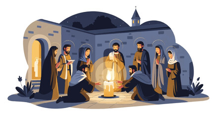 A serene illustration depicting a historical religious gathering, with devout figures illuminated by candlelight in a sacred setting, symbolizing faith and spiritual devotion