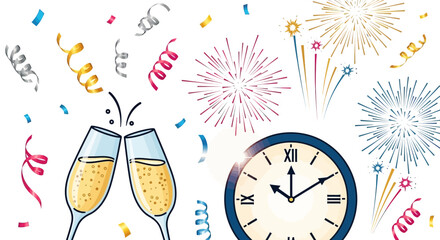 Celebrate New Year's Eve with Champagne Toast and Fireworks at Midnight, Excitement for Holidays, Perfect to Illustrate Festivities and New Beginnings