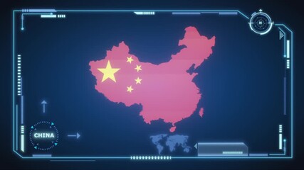 Futuristic Digital China map HUD animation, global network cyber technology, government, Country Map, Politics, Travel, News, and Sports Events - Powered by Adobe