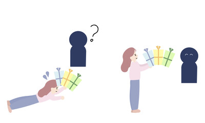 無理して人に与える女性と無理のない与え方をする女性の対比イラスト