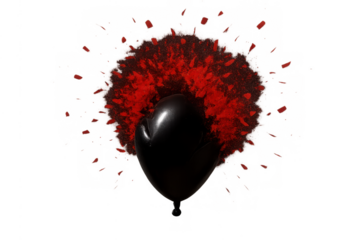 Black heart balloon bursting with red explosion, symbolizing heartbreak, pain, and broken love on transparent background