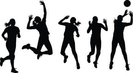 Collection of black silhouette vectors depicting female athletes playing volleyball, demonstrating various dynamic action poses like jumping, serving, and spiking during a competitive sports game.