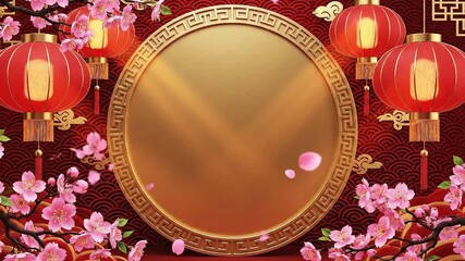 A golden circular plaque surrounded by red lanterns and pink blossoms on a patterned red background - Powered by Adobe