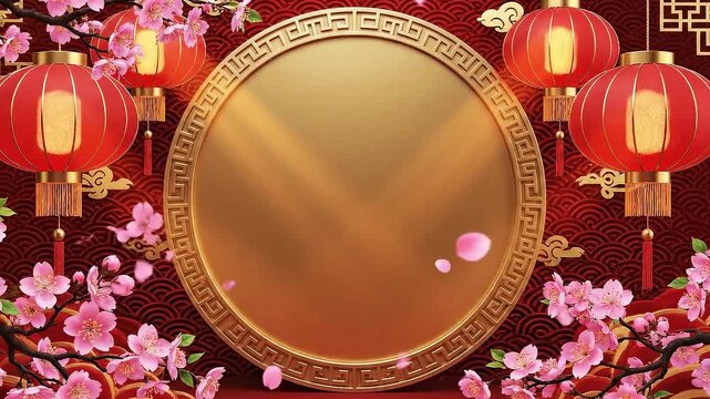 A golden circular plaque surrounded by red lanterns and pink blossoms on a patterned red background