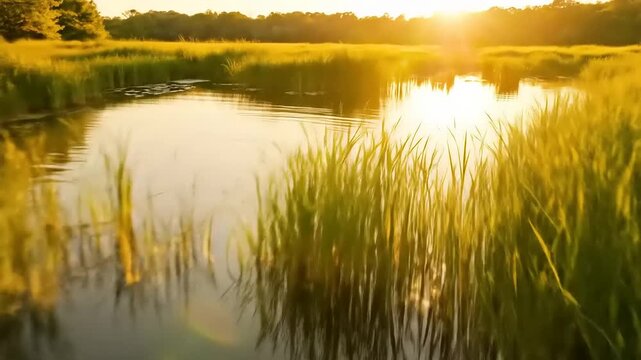Serene sunset over a tranquil river surrounded by lush green grass and vibrant flora, evoking peace