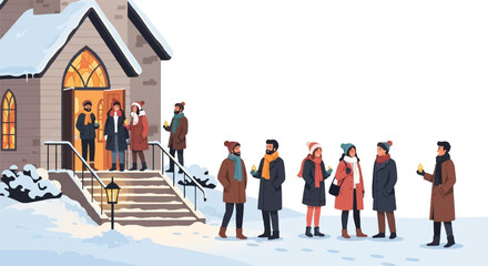 Candlelight Caroling at Church Festive Gathering in Winter Snow