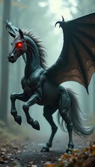 A black horse with red eyes is galloping in the woods.