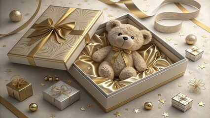 A premium gift box display with a teddy bear nestled among ribbons sparkles and luxury wrapping materials ideal for heartfelt happy birthday gifting decoration and celebration moments.
