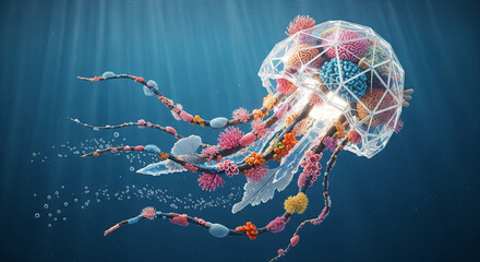 fantasy jellyfish illustration made from transparent crystal structures and colorful coral reefs. 