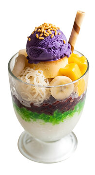 Delicious Halo Halo Dessert with Purple Yam Ice Cream and Tropical Fruits in a Glass Cup Offering a Tempting Culinary Experience