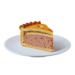 Delicious slice of pork pie with golden crust on a white plate ready to be served and enjoyed a savory treat