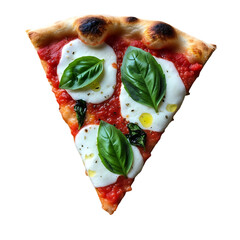 Close up of a slice of pizza margherita with fresh basil leaves and tomato sauce creating a delicious and appetizing dish against black background