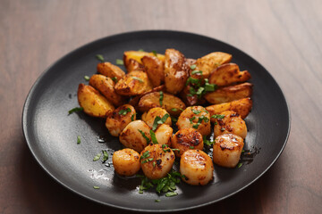 roasted scallops with baked potatoes wedges on a black plate on walnut wood background