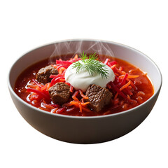 Delicious bowl of steaming borscht with beef and dill sour cream a traditional and comforting soup brimming with flavor and nutrients ready to serve