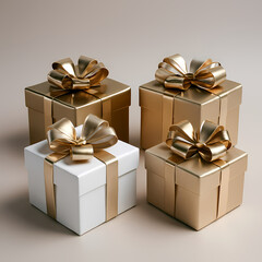 Luxury white and gold gift boxes with silky ribbons, perfect for holidays, birthdays, weddings, and festive branding. Ideal for marketing, promotions, packaging, and celebration imagery.