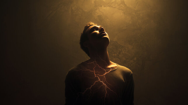 Symbolic fine-art image of glowing light cracks emerging from the chest, representing release. Person standing against dark background with glowing cracks of light emerging from chest, symbolic emotio