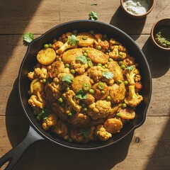 Skillet cooked Aloo Gobi with peas sliced potatoes and cauliflower creating a hearty Indian vegetarian dish full of flavor