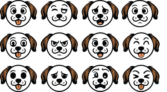 vector Cartoon dog faces showing different emotions expressions and moods in a grid