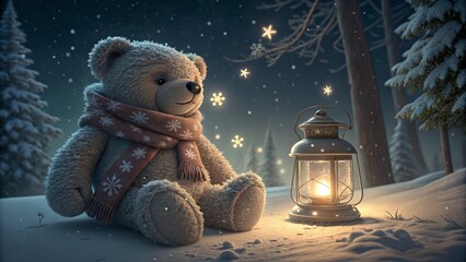 A winter themed setup with a teddy bear in a fuzzy cozy environment snowlike textures and soft chill lighting creating warm happy birthday wishes during holiday celebration season.