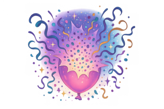 Pink balloon exploding with colorful confetti and streamers, celebrating a surprise festive event with joy