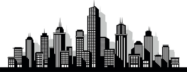Obraz premium Modern city skyline silhouette, vector illustration of urban cityscape with skyscrapers, black buildings isolated on white background, architecture design.