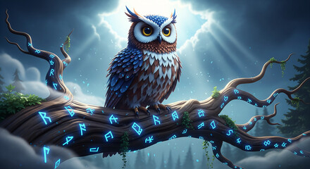 fantasy illustration of a brown and blue owl with large yellow eyes, perched on a gnarled tree branch. 
