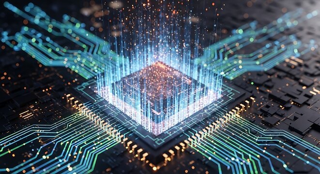 Central Processing Unit with Glowing Data Streams on a Circuit Board.
