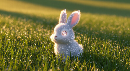 Illustration of a fantasy rabbit with crystal fur in the middle of dewy grass