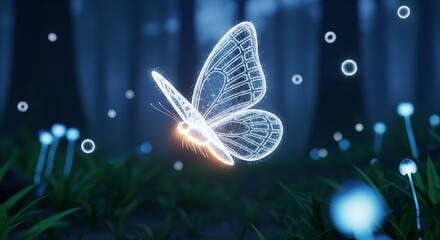 digital glowing butterflies in a dark forest setting.