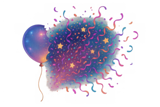 Abstract cosmic balloon bursting with colorful confetti, streamers, and stars, celebrating a magical event with a nebula effect