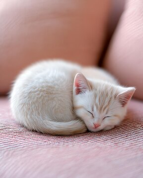 Adorable Sleeping Kitten on Soft Pink Couch