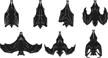 “Hanging and flying bat silhouette collection for Halloween design, spooky night wildlife illustration, dark gothic animal symbols and horror themed vector artwork”