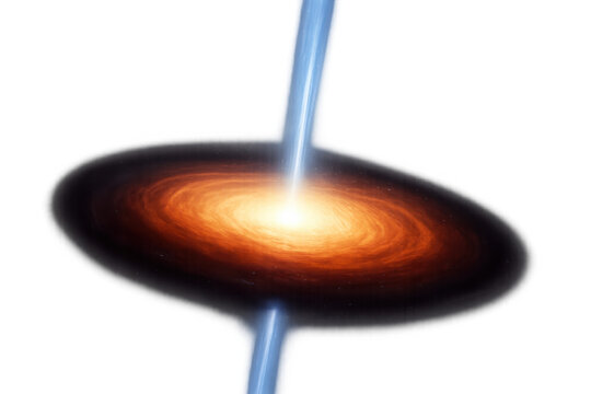 Quasar emitting relativistic jets from a supermassive black hole with accretion disk, cosmic phenomenon, transparent background