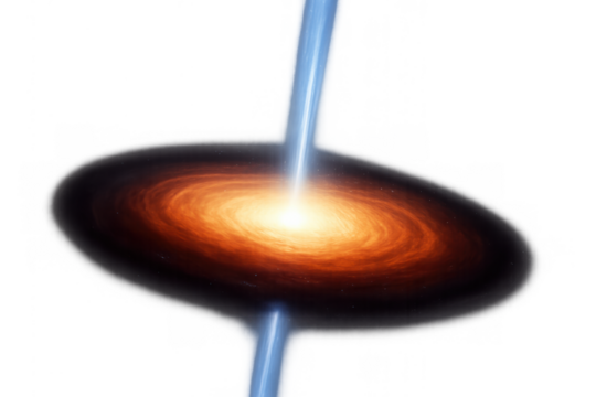 Quasar emitting relativistic jets from a supermassive black hole with accretion disk, cosmic phenomenon, transparent background