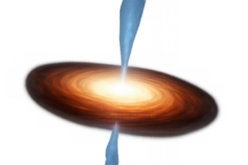 Quasar emitting relativistic jets from a supermassive black hole with accretion disk, transparent background