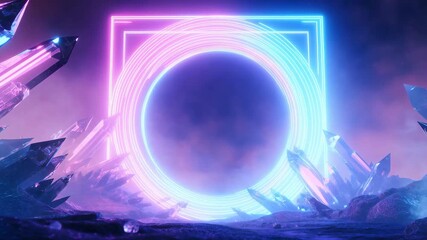 Glowing neon portal in futuristic crystal landscape - Powered by Adobe