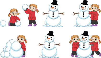 Cute children building snowman in winter season with playful snow activities, happy kids making snowman illustration, cad drawing flat vector illustration
