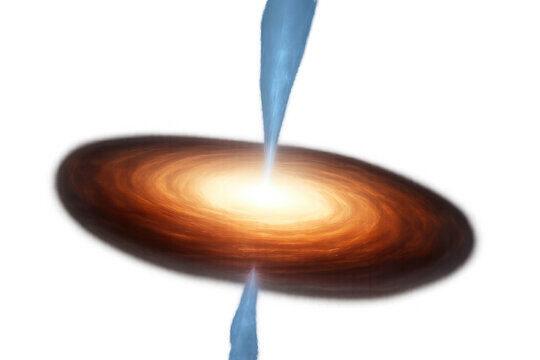 Quasar emitting relativistic jets from a supermassive black hole with accretion disk, transparent background - Powered by Adobe