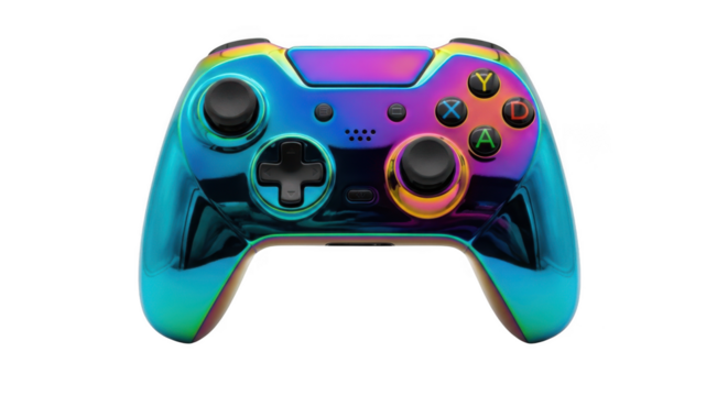 Vibrant neon gaming controller modern console gamepad futuristic design abstract art piece transparent background