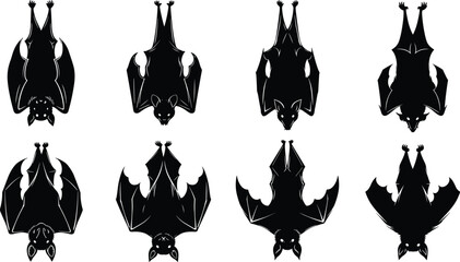 Hanging bat silhouettes collection in black outline style, spooky wildlife graphic set for Halloween design elements, cad drawing flat vector illustration
