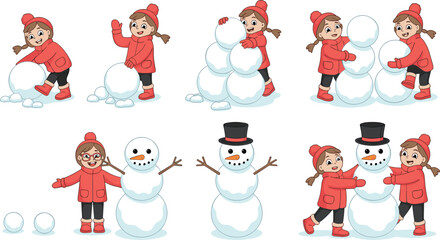 Joyful little girl building a snowman in winter, playful holiday illustration showing fun outdoor activities, cad drawing flat vector illustration