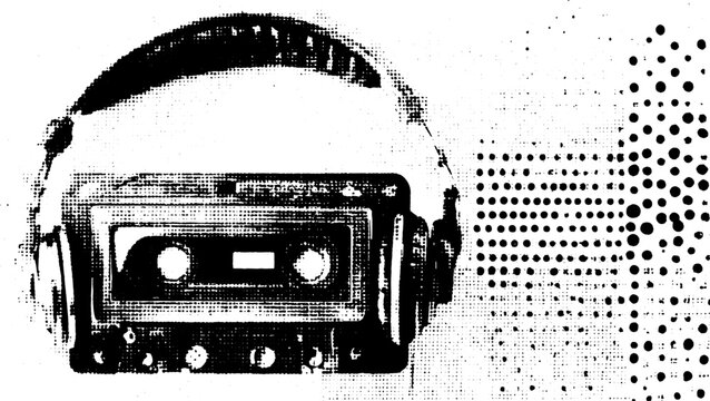 Vintage cassette tape with headphones in a black silhouette style. Line drawing illustration for music-themed vector designs.