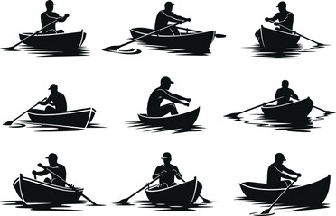 Silhouette rowers in small boats performing rowing actions on water, detailed canoe and rowboat illustration set, cad drawing flat vector illustration